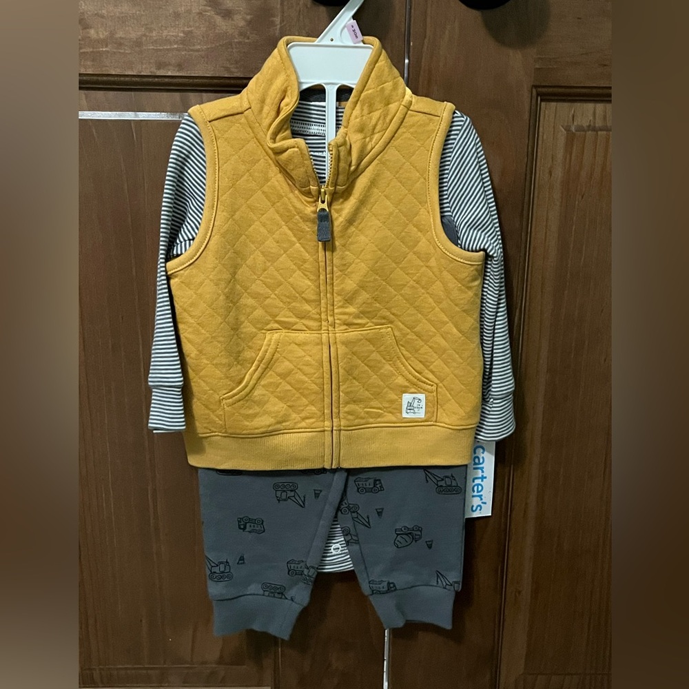 Carter’s Baby Boy 3-Piece Yellow Construction Little Vest Set, 9 Months
